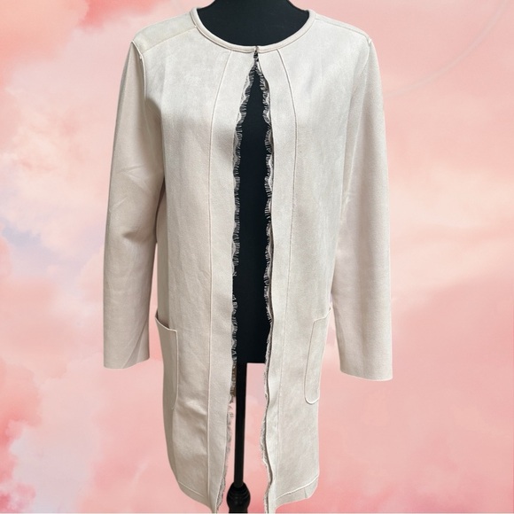 CACTUS+PEARL ULTRA SUEDE LACE TRIM PALE PINK DRESSY JACKET DUSTER SZ SM💞 - Picture 1 of 13